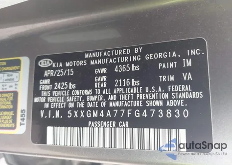 2015 Kia Optima Lx из США, поврежденный, VIN 5XXGM4A77FG473830